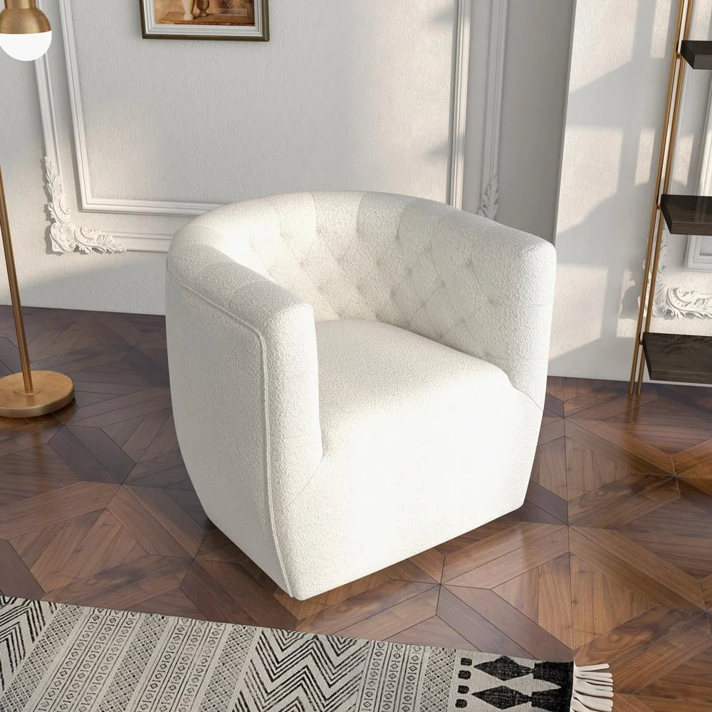 Lutton Modern Living Room Round Back Boucle Fabric Swivel Chair in Cream