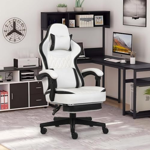 Gaming Chair, Computer Office Chair with Footrest, Linkage Armrests and Lumbar Support, High Back Ergonomic Gamer Chairs for Adults, Blue Fabric