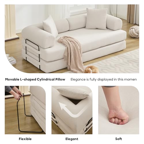 Convertible Sleeper Sofa Bed with Cylindrical Pillow, Corduroy Folding Mattress Couch with Fixed-Shape Frame