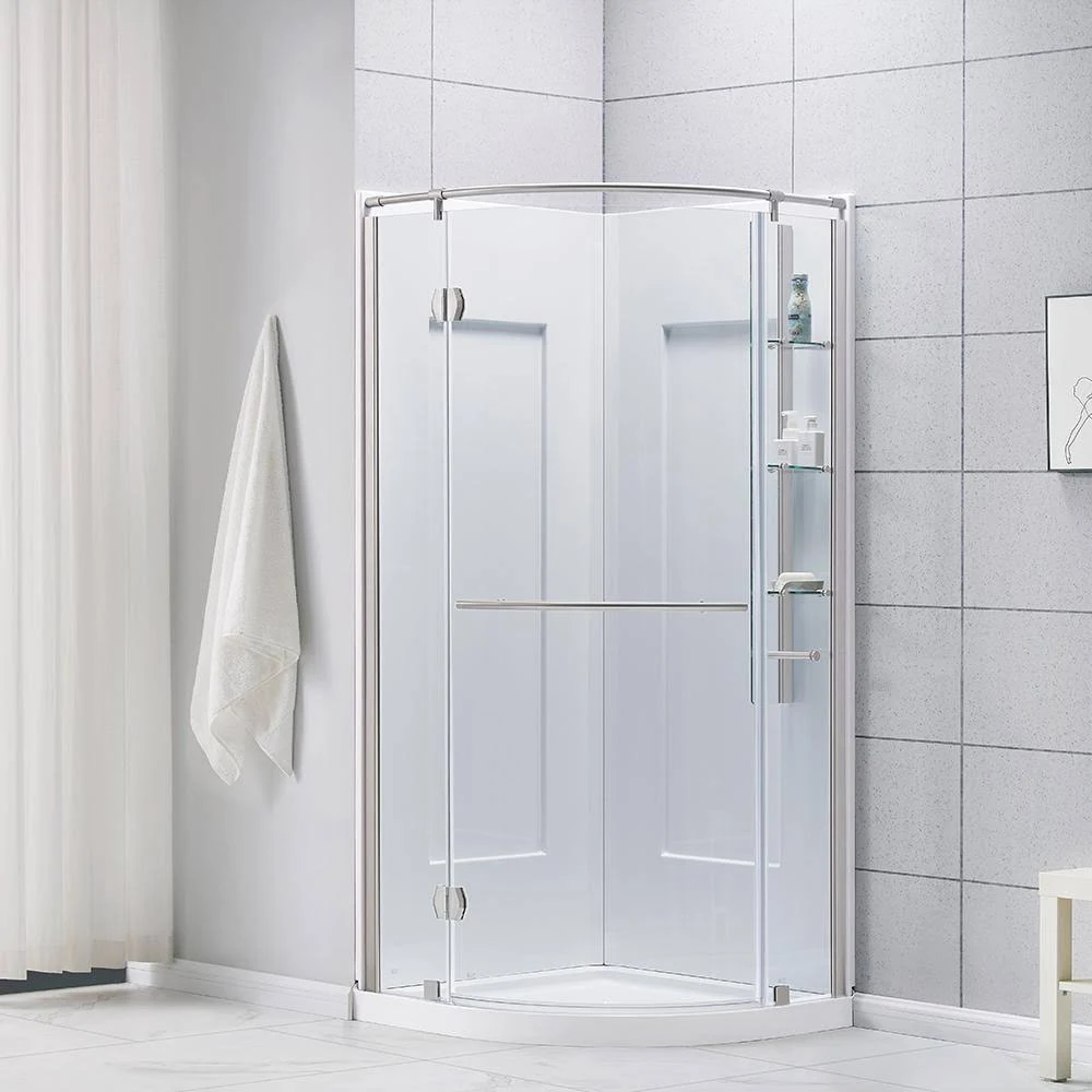 Glacier Bay Shower Stall Kit 34 in. x 76.40 in. Corner Drain Satin Nickel White GBSH133