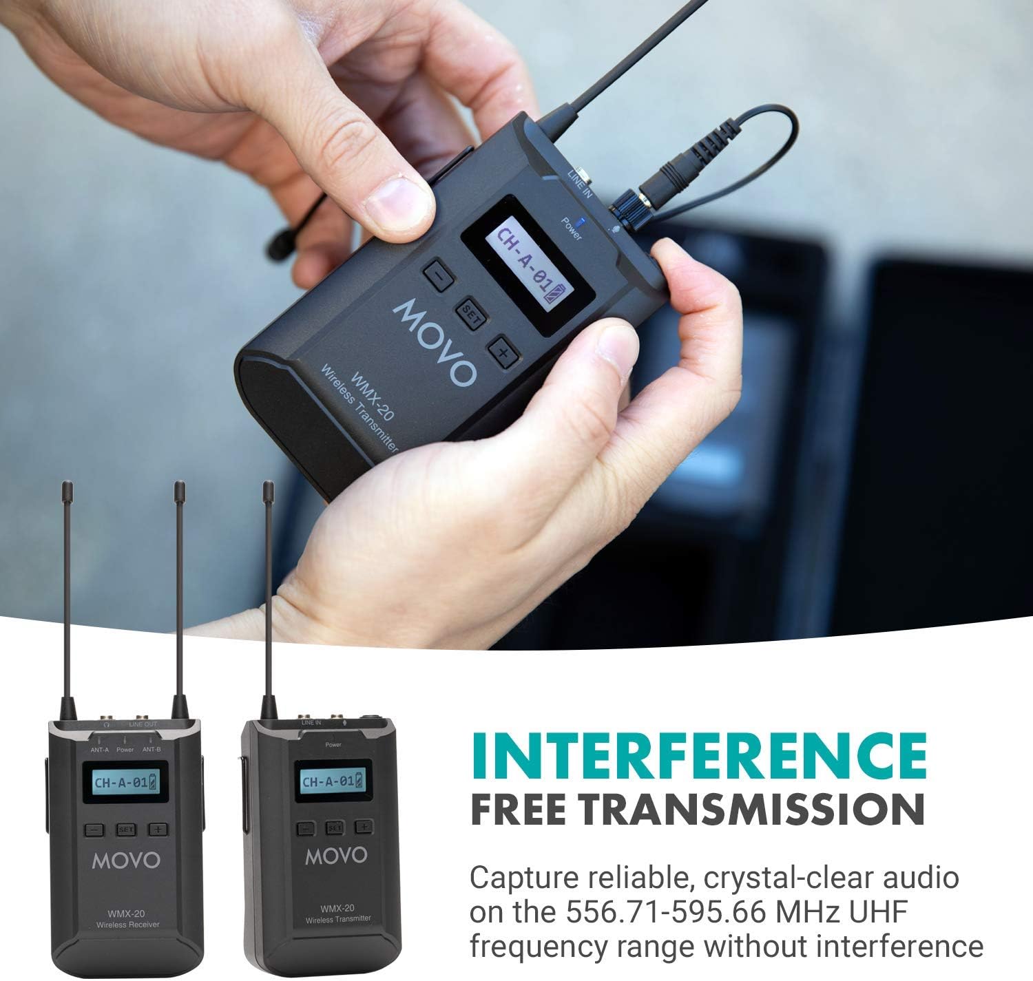 Movo WMX-20 48-Channel UHF Wireless Lavalier Microphone System with 1 Receiver, 1 Transmitter