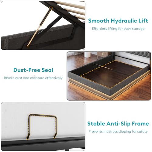 Queen Bed Frame with Storage - Lift Up Queen Size Bed Frame with Headboard, Upholstered Platform Bed with LED Lights & Charging Station