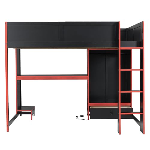 Modern Full Size Gaming Loft Bed with Built-in Desk and Storage Wardrobe, Wood Loft Bed Frame with Light Strip and 2 Drawers