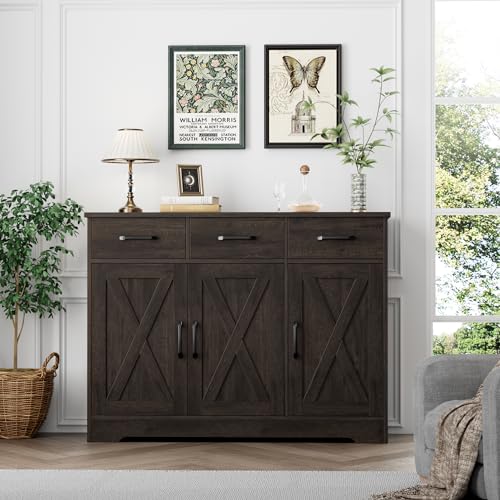 HOSTACK Modern Farmhouse Sideboard Buffet Cabinet, Barn Doors Buffet Storage Cabinet with Drawers and Shelves