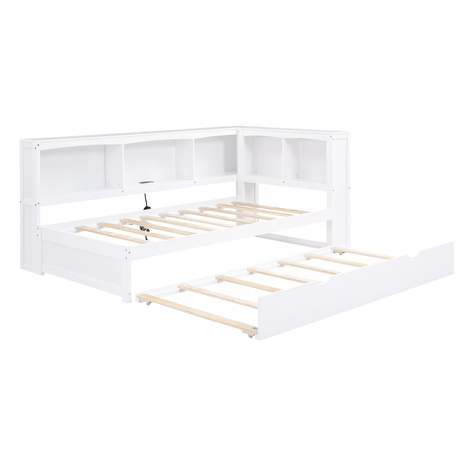 Bellemave Modern Twin over Twin Size Wood Daybed with Trundle, Stronge Storage Cabinets and USB Ports,Low Floor Bed for Kids Teens Adult Bedroom