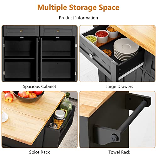 Kitchen Cart with Wood Top and Drop Leaf Breakfast Bar, Rolling Mobile Kitchen Island Table on Wheels with Drawer and Storage Cabinet, Spice Rack