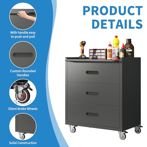 Metal Garage Storage Cabinet with Wheels,Locking Rolling Tool Cabinet with Drawers and Shelves for Home, Office, Garage & Workshop