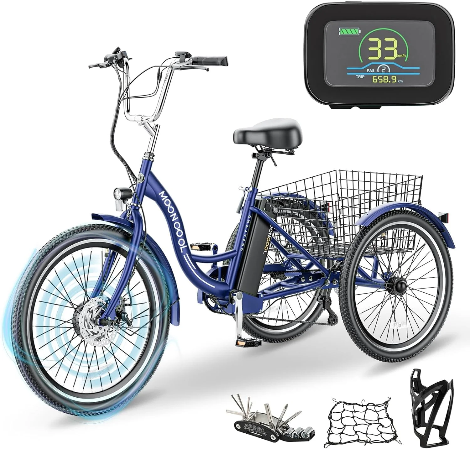 MOONCOOL 350W Motorized Electric Trike, 7 Speed 3 Wheel Electric Bicycle with 36V 14.5Ah Lithium Battery UL Certified
