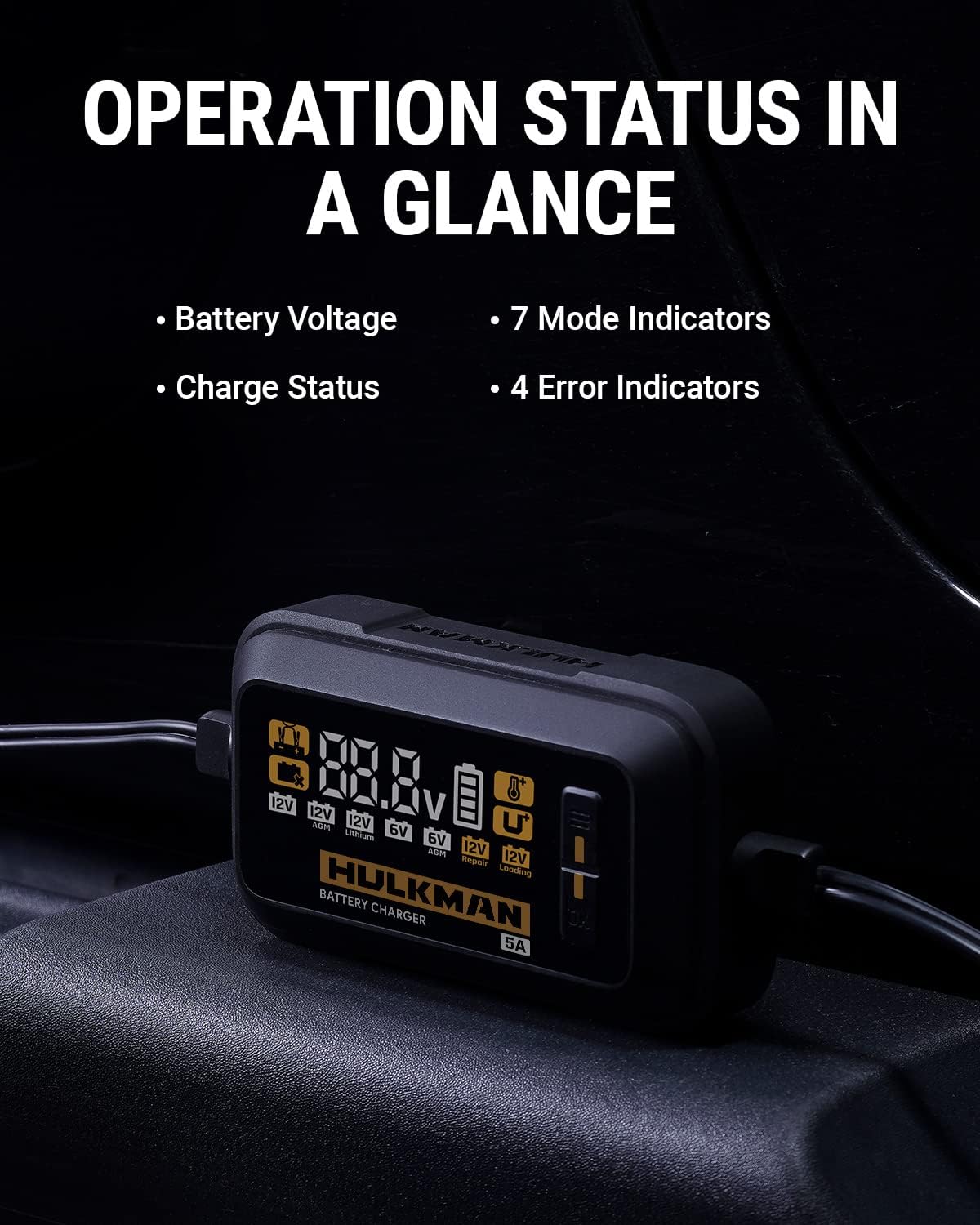 HULKMAN Sigma 5 Amp All-Around AI Car Battery Charger and Maintainer for 6V/12V Battery with LED Screen Trickle Charger and Desulfator for Lead-Acid