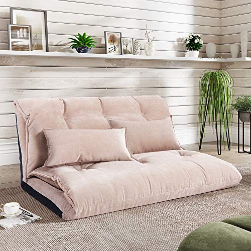 Lazy Floor Sofa Adjustable Folding Futon Sofa Video Gaming Sofa with Two Pillows, Multi-Functional Foldable Sleeper Bed Couch for Adults