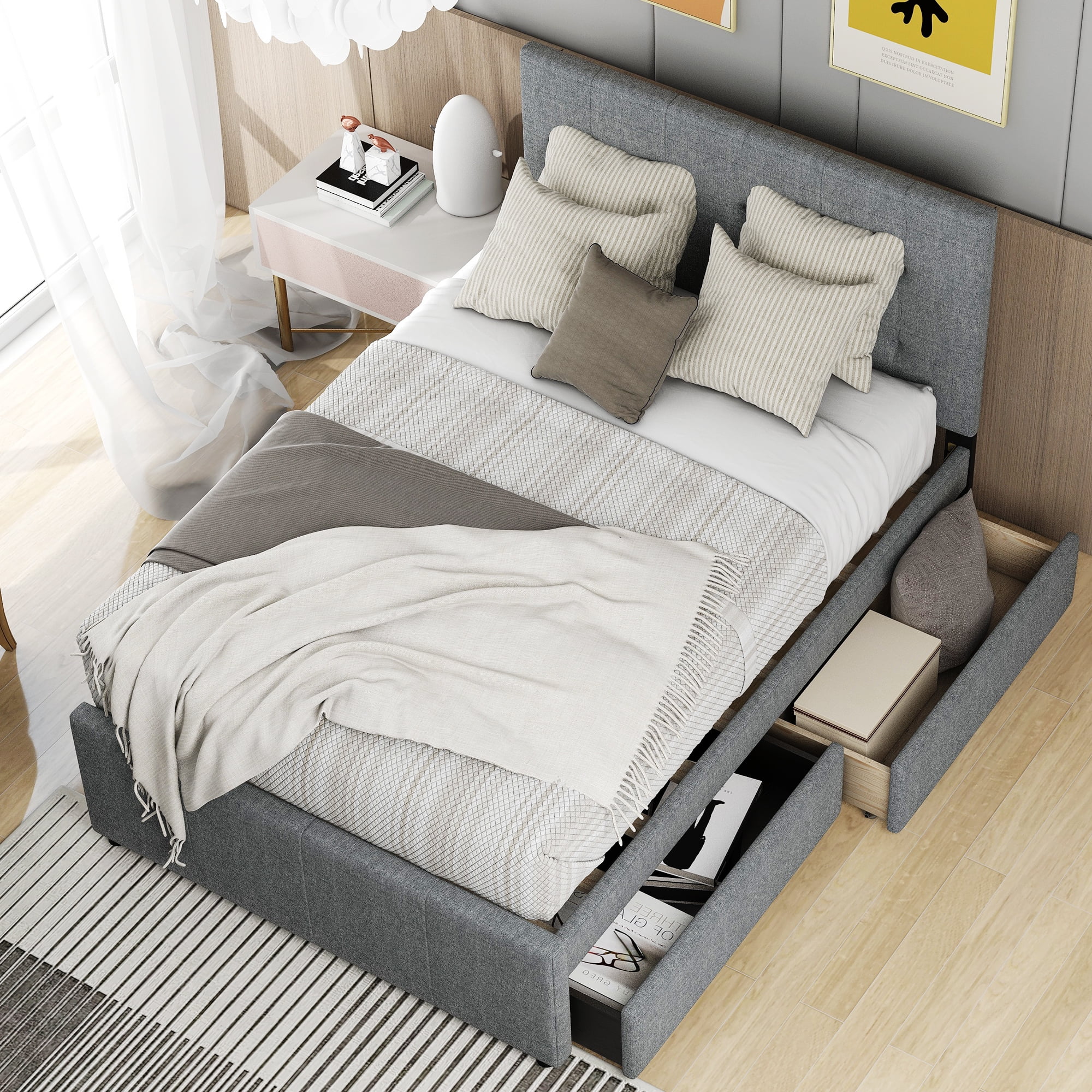 Euroco Upholstered Full Size Platform Bed with 2 Drawers for Kids Room, Solid Wood Daybed for Guests room, Gray