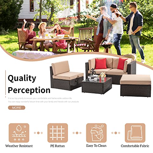 Shintenchi 6 Pieces Patio Furniture Sets Outdoor All-Weather Sectional Patio Sofa Set PE Rattan Manual Weaving Wicker Patio Conversation Set with