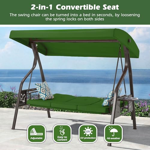 3-Seat Outdoor Porch Swing with Stand, Patio Swing with Canopy