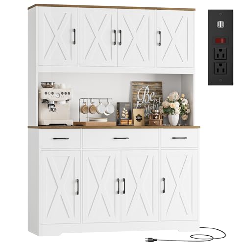 HOSTACK 71" Tall Kitchen Pantry Storage Cabinet with Charging Station, 55" Wide Kitchen Hutch Cabinet with Large Countertop