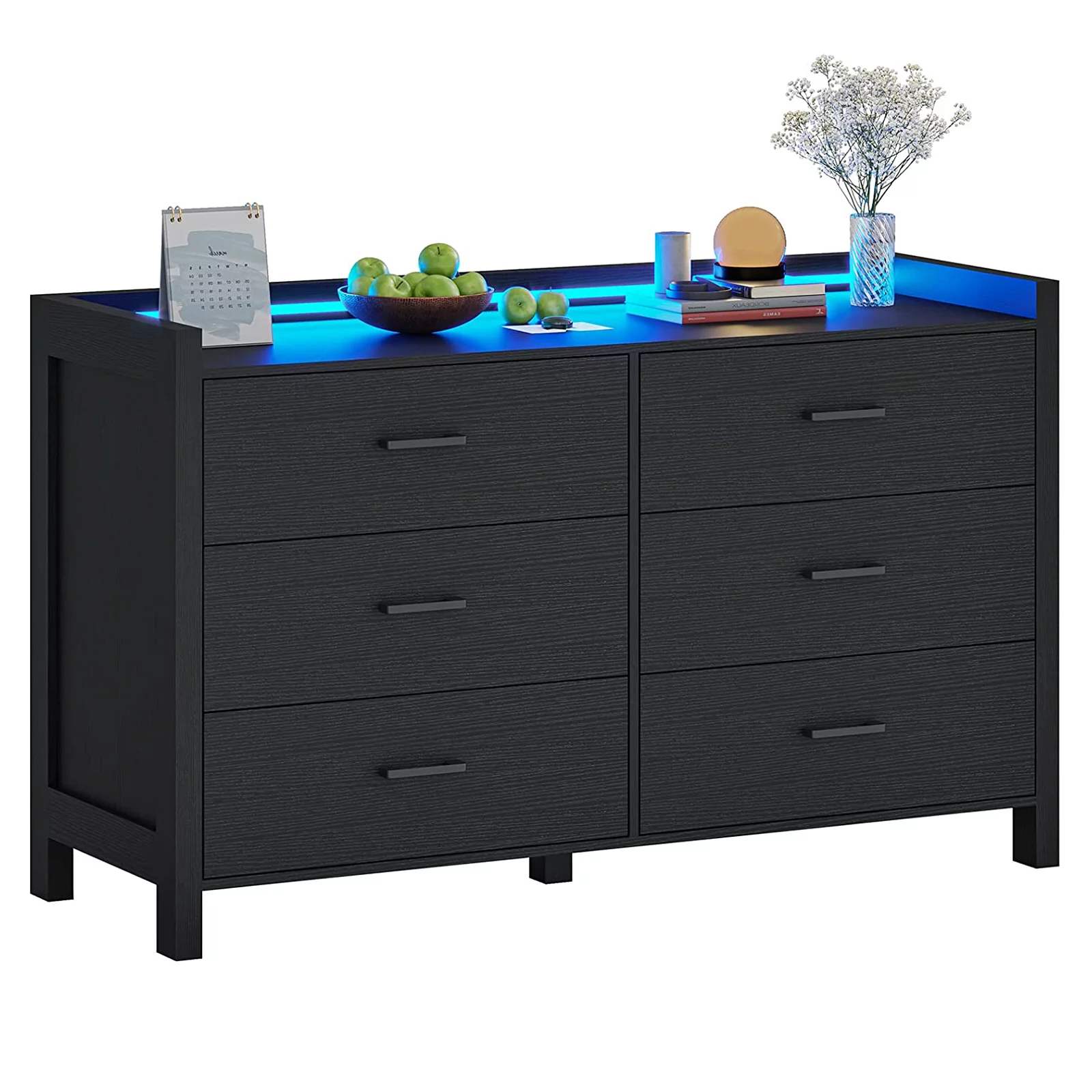 Black Dresser for Bedroom, 6 Drawer Double Dresser with LED Lights, Wood Chest of Drawers, Modern Storage Dresser for Bedroom