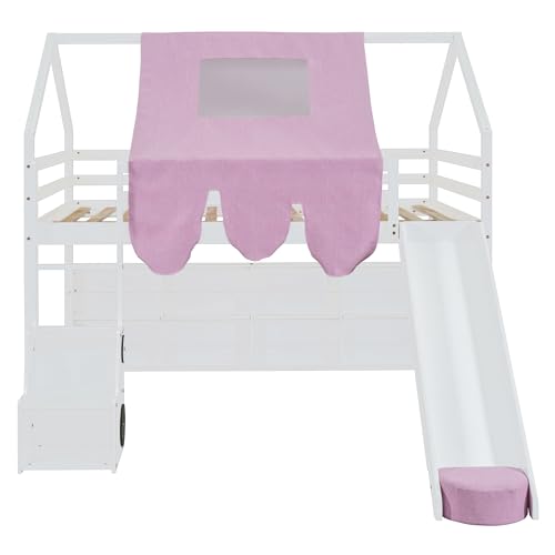 Harper & Bright Designs Kids Twin Low Loft Bed with Slide and Storage Shelves, Wood Playhouse Loft Bed Frame with a Tent & Stairs