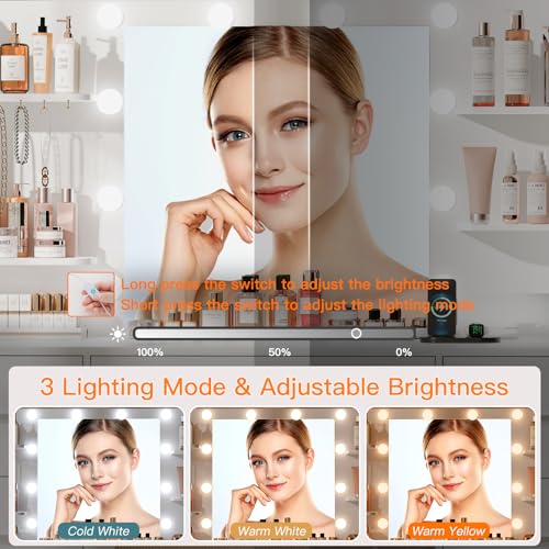 Quimoo Large Vanity Desk with LED Lighted Mirror & Power Outlet,Makeup Vanity Table with 7 Drawers,4 Shelves and 5 Hooks,Vanity Table