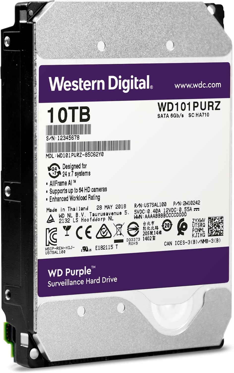 Western Digital 10TB WD Purple Surveillance Internal Hard Drive - SATA 6 Gb/s, , 256 MB Cache, 3.5" - WD101PURZ (Old Version)