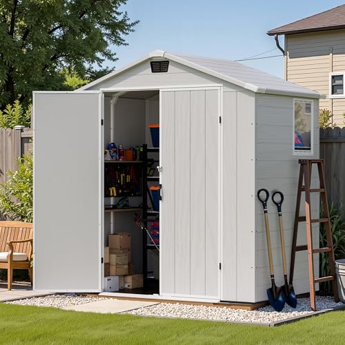 Patiowell 6 x 4 FT Plastic Outdoor Storage Shed with Floor, Resin Outside Tool Shed with Window and Lockable Door for Garden, Backyard