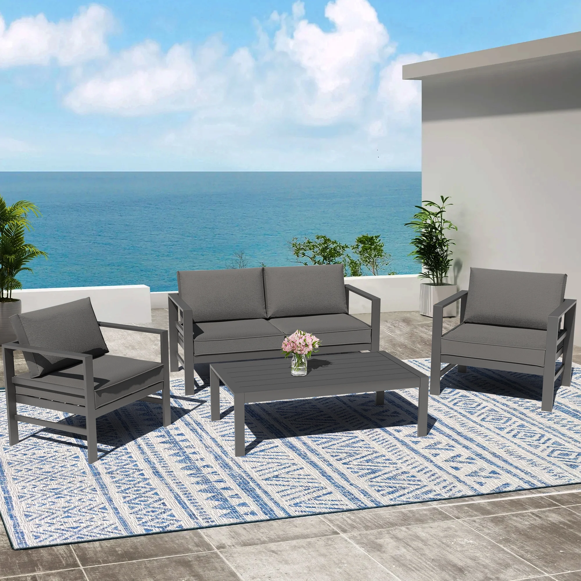 4 Pieces Cast Aluminum Outdoor Patio Furniture Set, Gray Modern Patio Conversation Sofa Set, Gray
