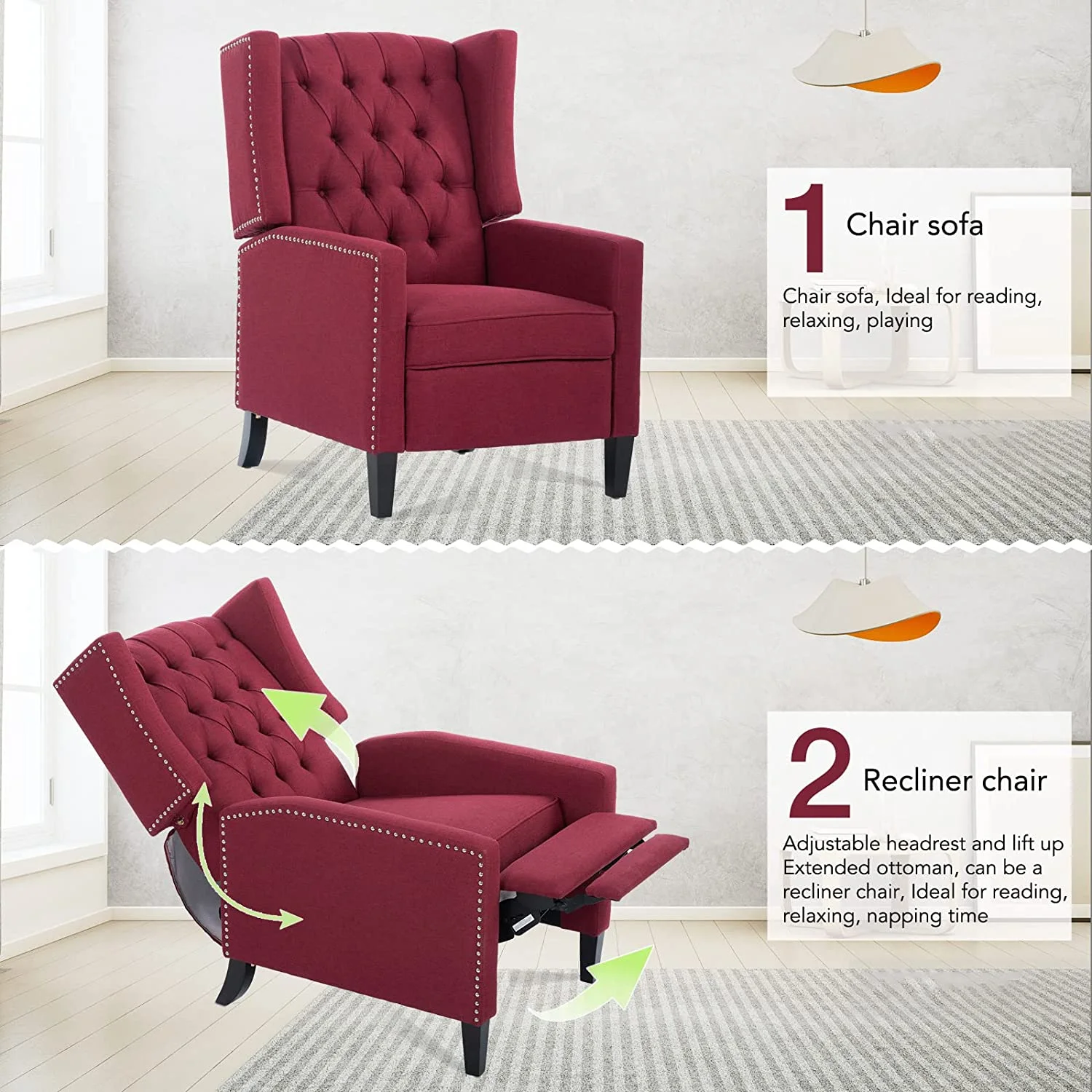 Wingback Recliner Tufted Fabric Recliner Traditional Classic Recliner Reading Armchair Push Back Arm Recliner Lounge Chair Study Living Room Bedroom