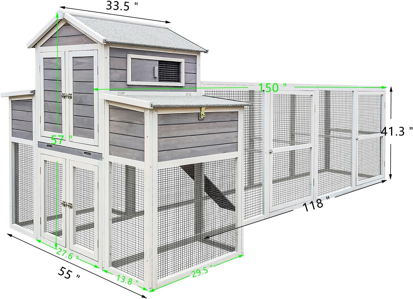 150＂Chicken Coop Extra Large Chicken House, Outdoor Wooden Hen House Black Rust-Proof Metal Wire Poultry Cage with Two Nesting Boxes, 5 Perches
