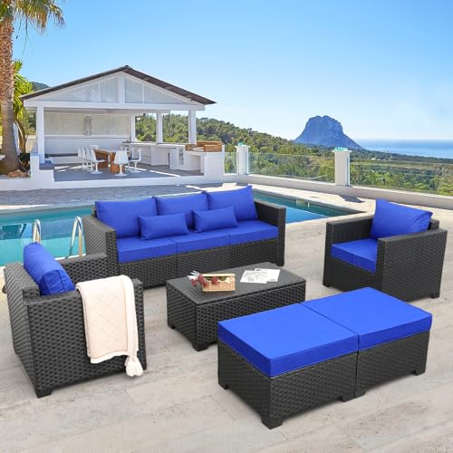 Rattaner Patio Wicker Furniture Set 6 Pieces Outdoor HDPE Wicker Conversation Couch Sectional Chair Sofa Set with Grey Cushions