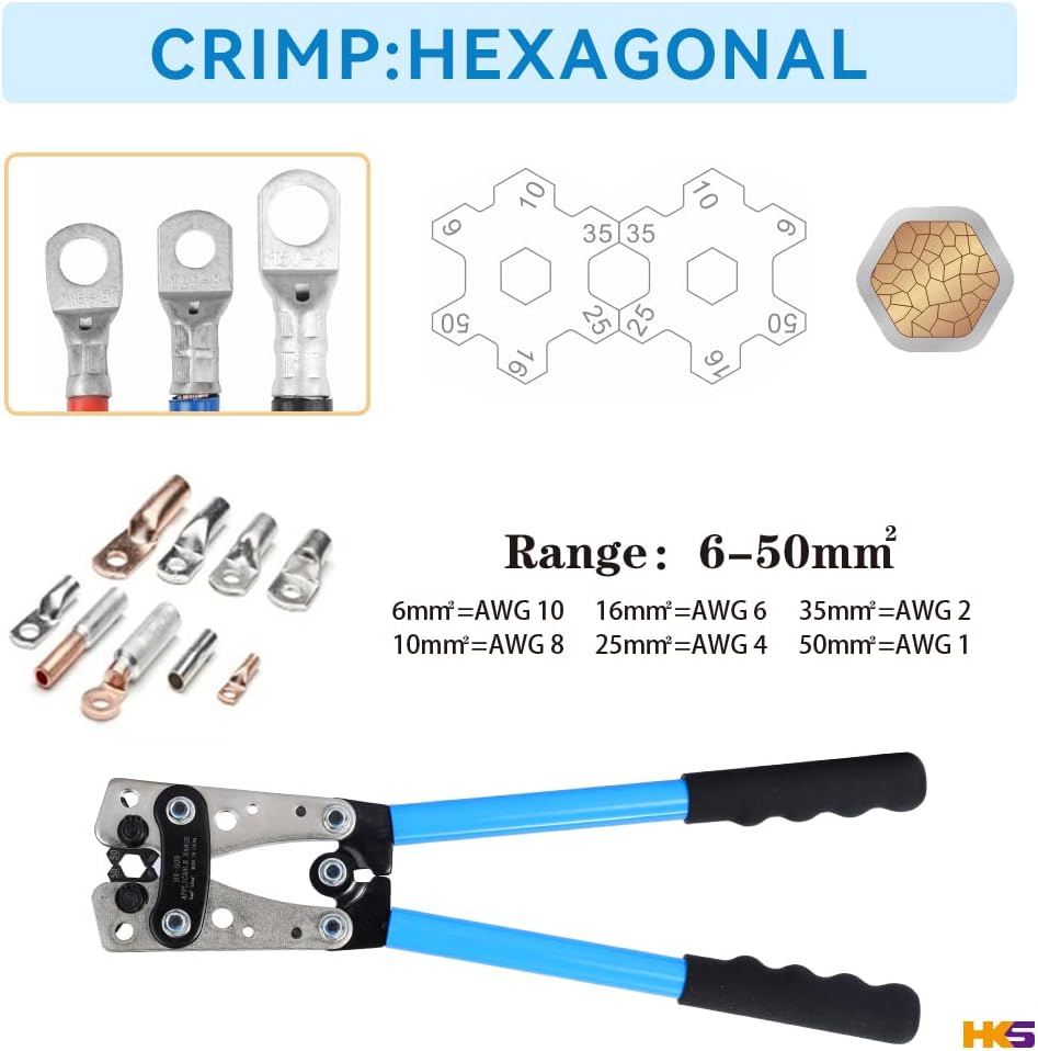 HKS Battery Cable Lug Crimping Tool 10-1 AWG with 60Pcs Copper Ring Terminals 8 Sizes Cable Lugs Set