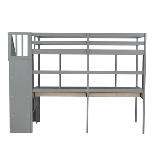 Loft Bed Twin Size with Storage Stairs and Double Desks, Wood Loft Bed Frame with Storage Shelves