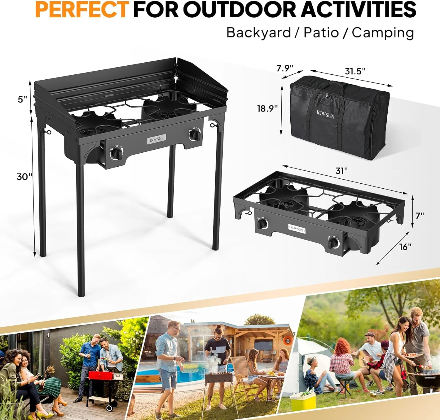 QCAI 2 Burner Outdoor Propane Gas Stove with Windpanel, Carrying Bag & Regulator, 150
