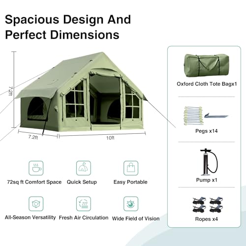 2025 Upgraded Waterproof Inflatable Camping Tent, Large Blow-Up Air Tent, No Assembly Needed Luxury Glamping House, Oxford Fabric
