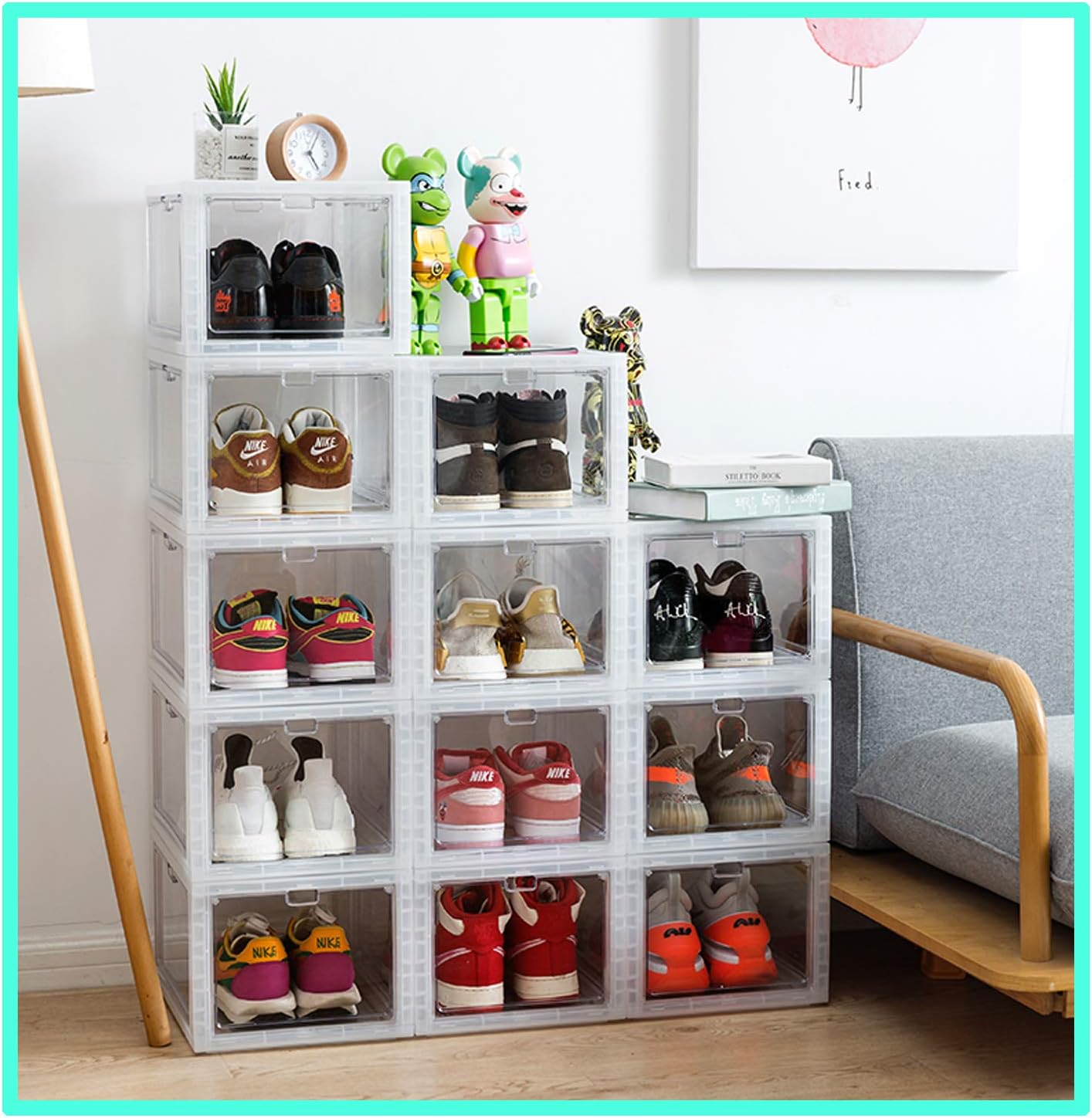 Shoe Box Organizer Stackable Plastic Shoe Storage Box Side &Front Drop Open Door Sneaker Cases Heavy Duty Shoe Container Organizer for Closets