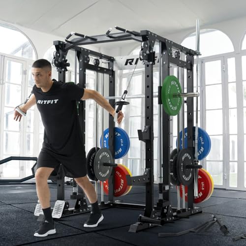 RitFit Buffalo Smith Machine, Power cage with LAT-Pull Down System & Cable Crossover System, All-in-One Squat Rack for Home Gym, Power Rack