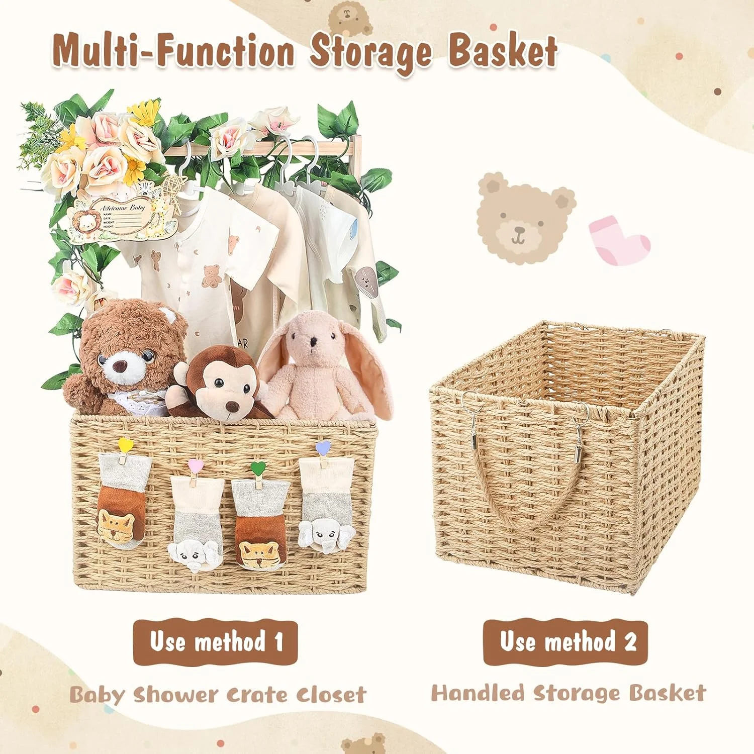 Wooden Baby Shower Crate Closet, Foldable Handwoven Storage Basket for Baby Shower Gifts, Welcome Gift Basket for Newborn Boys Girls