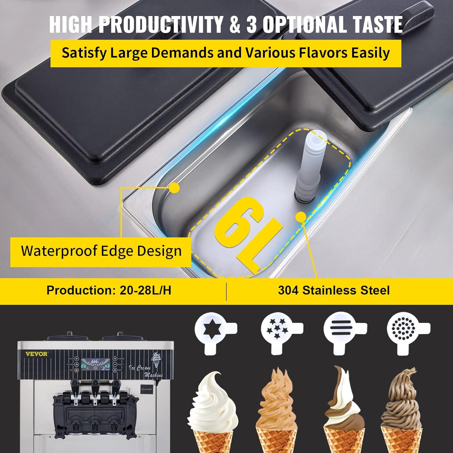 VEVOR Commercial Ice Cream Machine 5.3 to 7.4Gal per Hour Soft Serve with LED Display Auto Clean 3 Flavors Perfect for Restaurants Snack Bar, 2200W