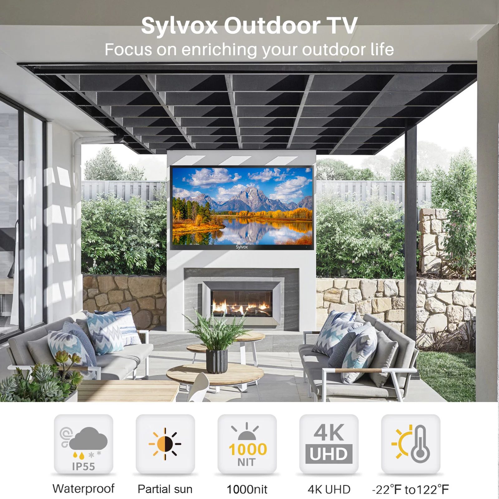 Sylvox 43 inch Outdoor TV Partial Sun 1000 Nits 4K LED Waterproof TV Anti Glare Outdoor Smart TV (Deck Series)