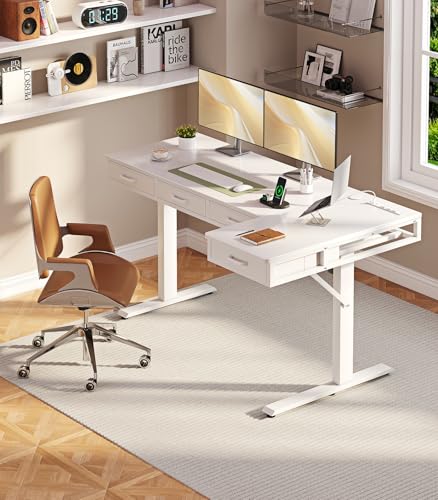 OffiGo 63 Inch L Shaped Electric Standing Desk with Drawers, Height Adjustable Large Desk with Power Outlets, Sit Stand Table