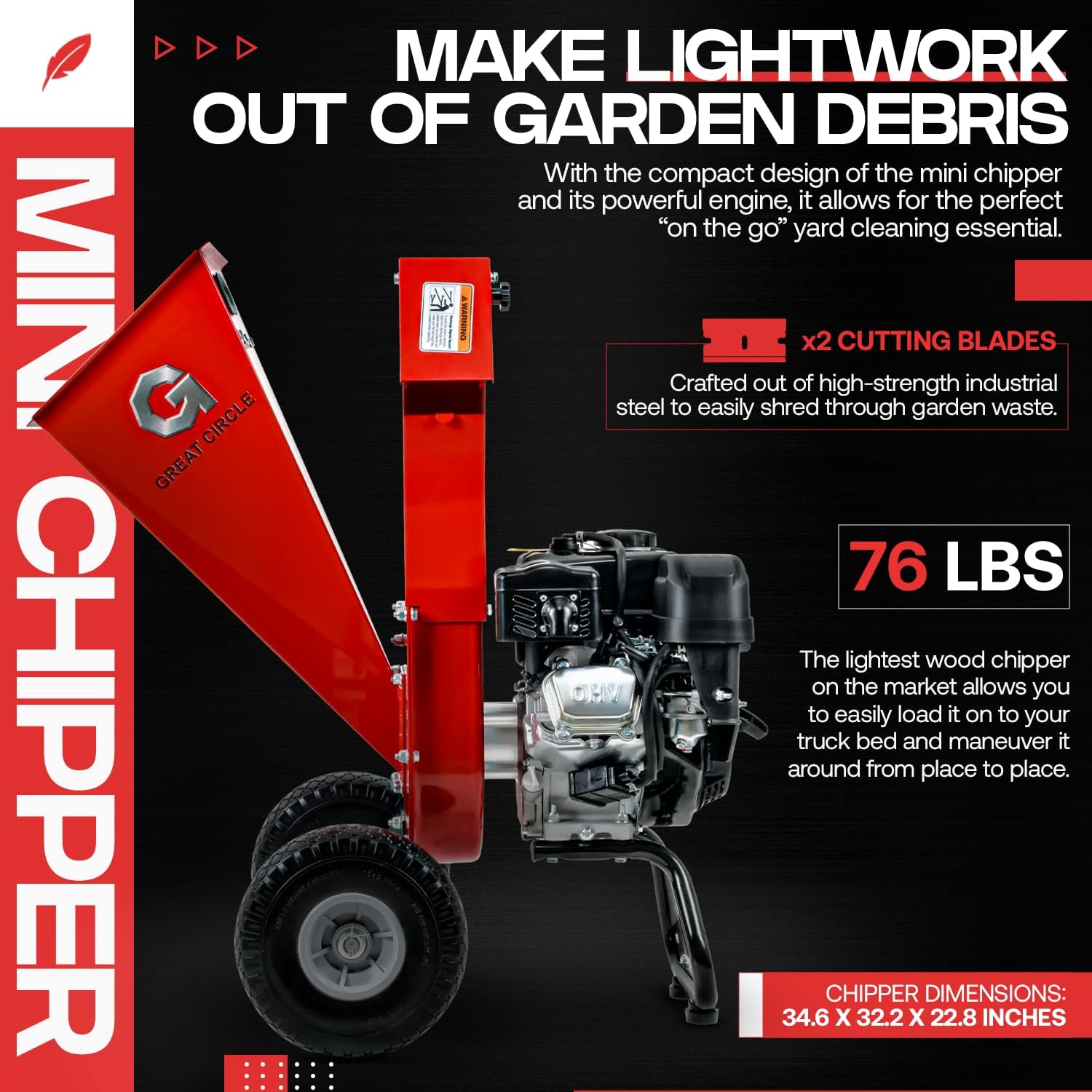 GreatCircleUSA Mini Wood Chipper Shredder Mulcher Ultra Duty 7 HP Gas Powered 3 Inch Max Wood Capacity EPA/CARB Certified Aids in Fire Prevention and