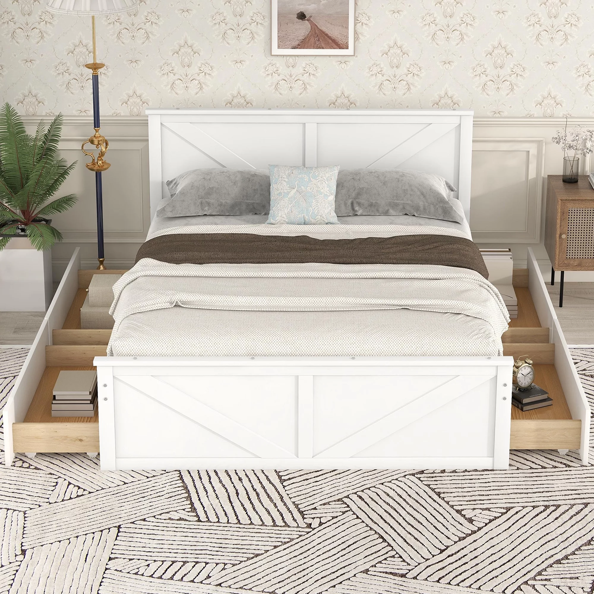 iRerts Queen Platform Bed Frame with 4 Storage Drawers, Wood Queen Bed Frame with Headboard, Slats Support and Support Legs