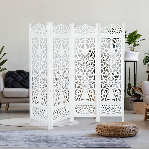 Lightnpro Wooden Room Divider - Handmade Foldable Partition Screen with Intricate Oval Carved Design Hinged