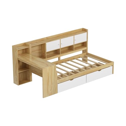 Corner Twin Bed Frame with Bookcase Storage and Desk, Wood Day Beds with 2 Drawers, Twin Size Daybed with Storage for Living Room