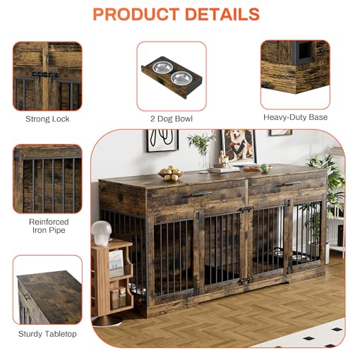 Rophefx 72" Dog Crate Furniture for 2 Dogs, Large Double Dog Kennel Indoor Furniture with 2 Storage Drawers and Removable Divider