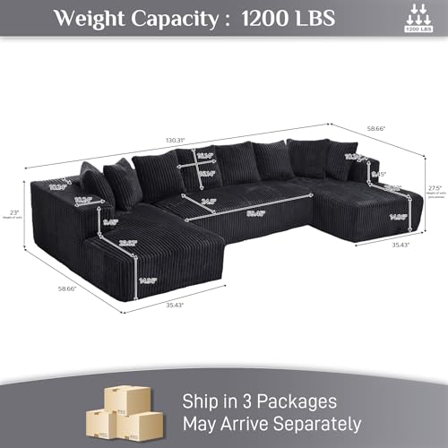 131" Modular Sectional Sofa Cloud Couch, Corduroy Memory Foam Black Sectional Couches for Living Room, Modern Deep Seat Boneless Sofa
