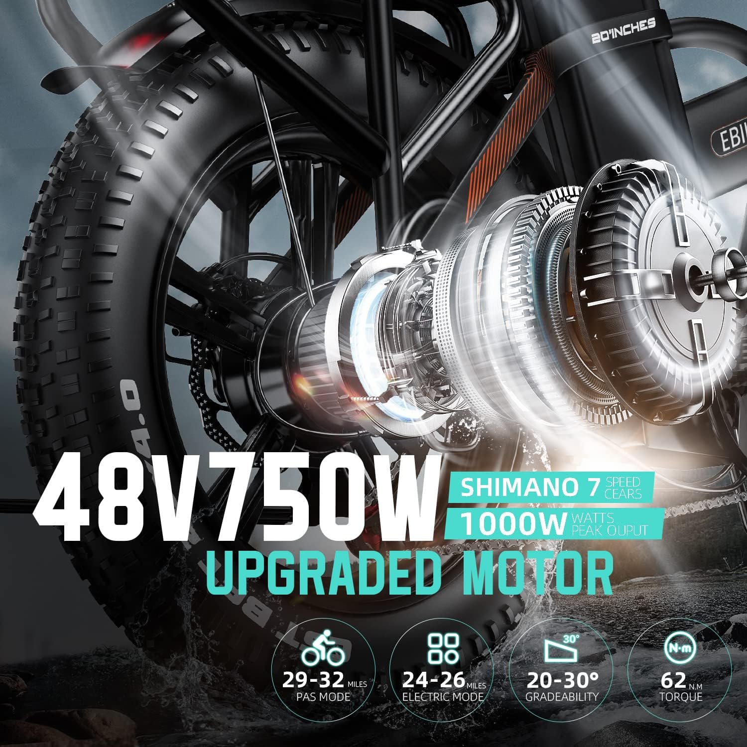 Auloor Electric Bike, 750W Ebike for Adults, 20" Fat Tire Electric Bike, 30MPH Max Speed Folding Electric Bike, 48V 18Ah Battery