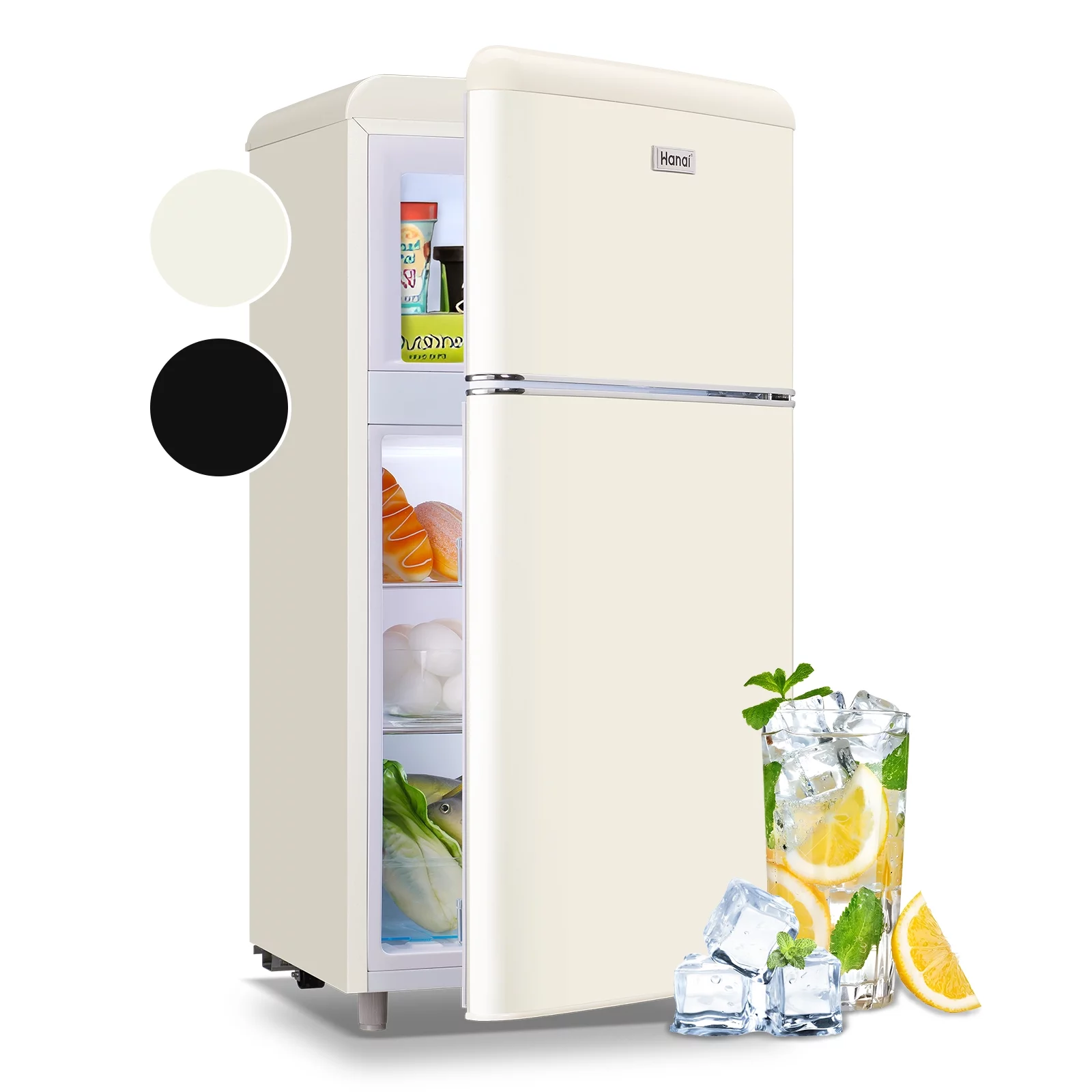 WANAI 3.5 Cu.ft Retro Mini Fridge with Freezer Small Refrigerators Dual Doors & Handles Cream