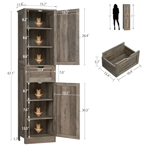 Iwell 67" Tall Bathroom Cabinet, Storage Cabinet with 2 Doors & 1 Drawer, Bathroom Storage Cabinets with Adjustable Shelves, for Living Room
