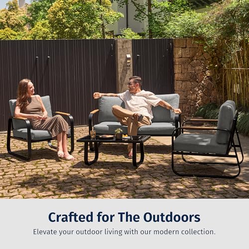 EAST OAK Courtyard Patio Furniture Set, 4-Piece Outdoor Patio Set with Sofa, Removable & Washable Deep Seating Cushion, Tempered Glass Table