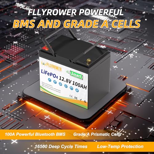 FLLYROWER 12V Lithium Battery 100AH With BMS and 16500 Deep Cycles 12V 100AH Lifepo4 Battery Grade A Cells for Marine Trolling Motor RV camping Solar