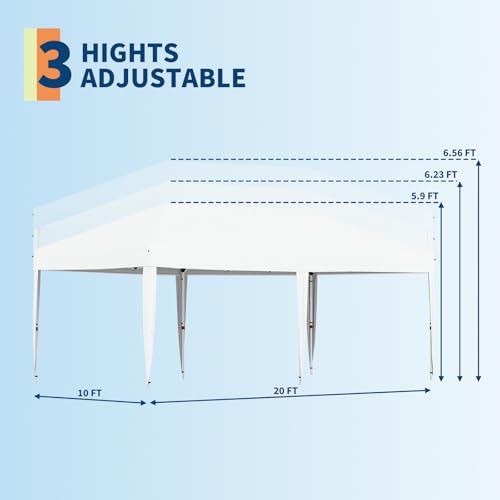 10x20 Pop Up Canopy - Easy Up Camping Tent with One Roller Bag, 3 Adjustable Height, 4 Weight Bags for Deck, Garden, Sports, Beach, Party - White