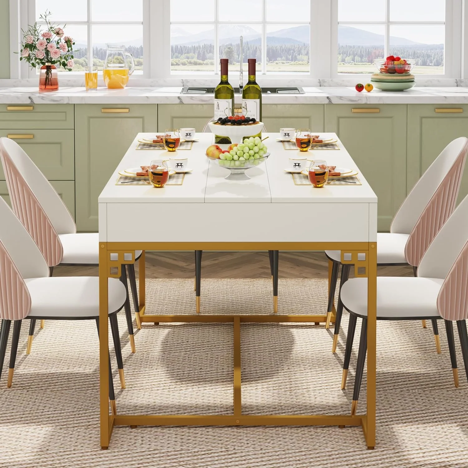 RUNFAYBIU 63 Inches Dining Table for 4 to 6  Rectangular Kitchen Table with 2 Drawers  Modern Dinner Table with Gold Metal Frame for Dining Room